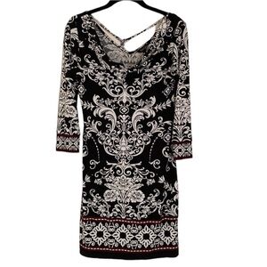 WHITE House Black Market 3/4 Sleeve Cowl Neck Size XS Black and White w/ Red